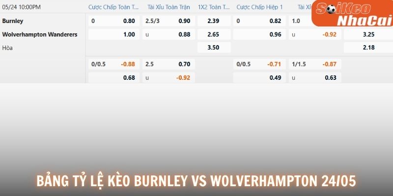 Bảng tỷ lệ kèo Burnley vs Wolverhampton 24/05