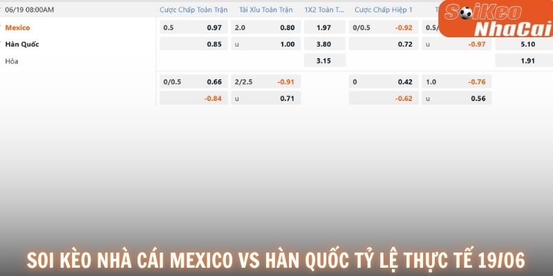Bảng tỷ lệ kèo Mexico vs Hàn Quốc 19/06