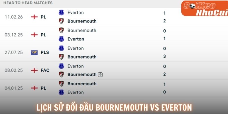 Lịch sử đối đầu Bournemouth vs Everton