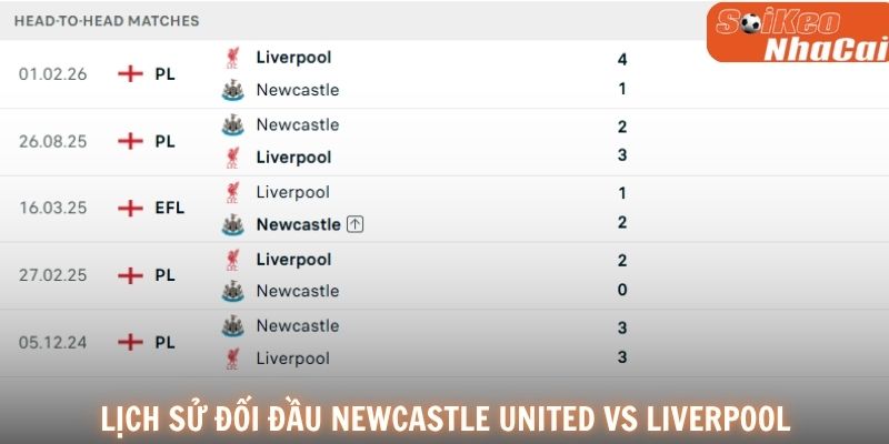 Thành tích đối đầu Newcastle vs Liverpool