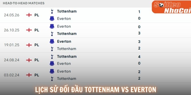 Thành tích đối đầu Tottenham vs Everton